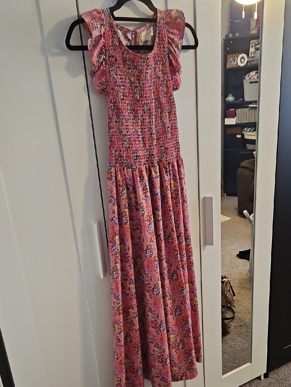 Melloday Pink Floral Dress with Ruffle Sleeves